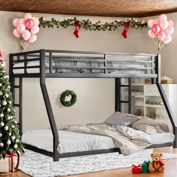slide 2 of 9, Stable and Safe Full XL over Queen Metal Bunk Bed with Dual Ladders for Bedroom Black