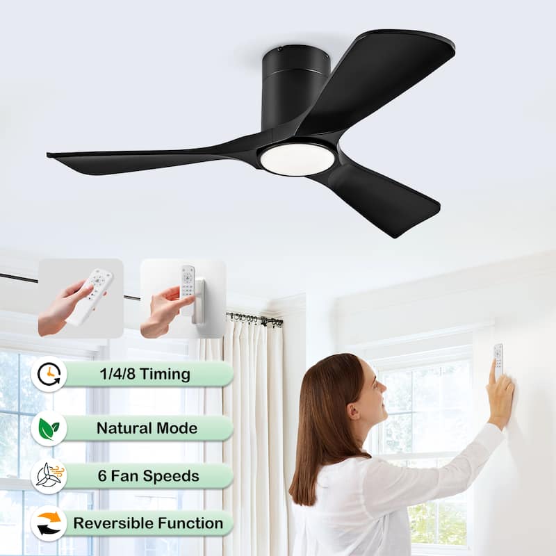42 Inch Flush Mount Ceiling Fan with Lights, Remote Control & ABS Blades - Modern Outdoor Ceiling Fan - Black