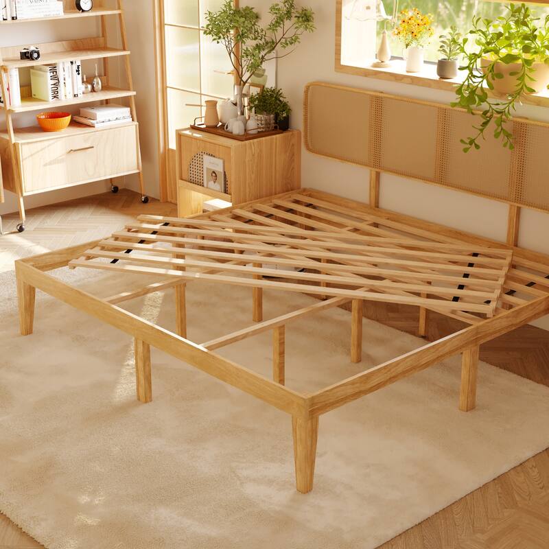 Solid Wood Platform Bed Frame with Rattan Headboard, 600 lbs Heavy Duty Support, Plywood Slats Queen / Full Size