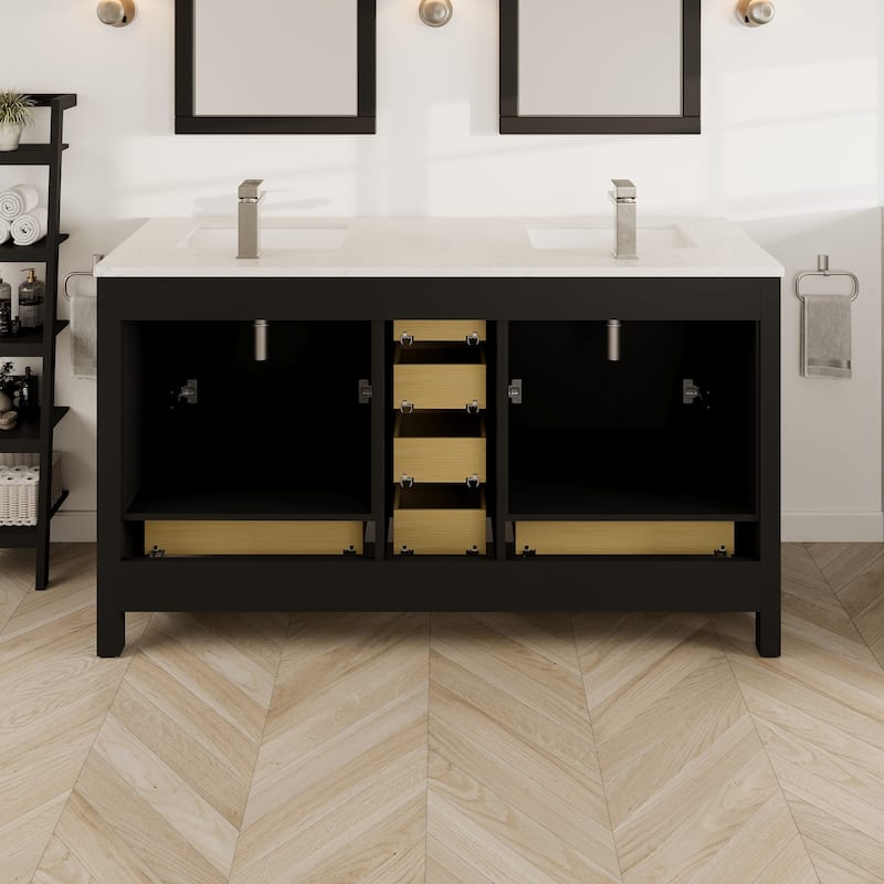 London 60"W Espresso DS Bath Vanity with WH Carrara Quartz Top