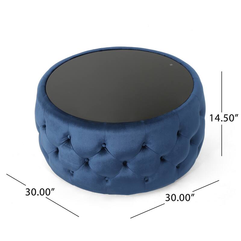 Pirana Ottoman Coffee Table, Blue Tuft Velvet, 30 Inch Tempered Glass