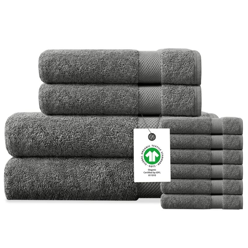 Delara Organic Cotton Luxuriously Plush Bath Towel 10 Piece Set | GOTS & OEKO-TEX Certified | 650 GSM Long Staple - Dark Grey