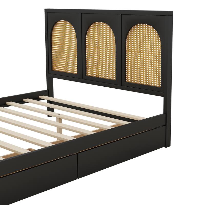 Pine Wood Platform Bed with 2 Drawers & Rattan
