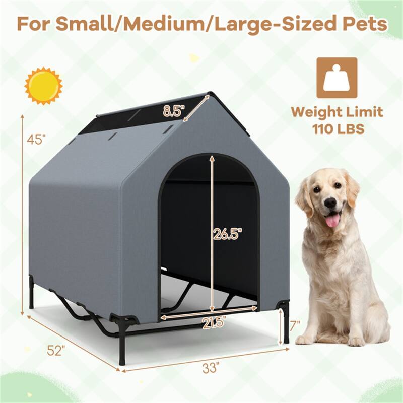 Portable Elevated Dog House with Waterproof Canopy and Ventilation Windows, Easy to Clean