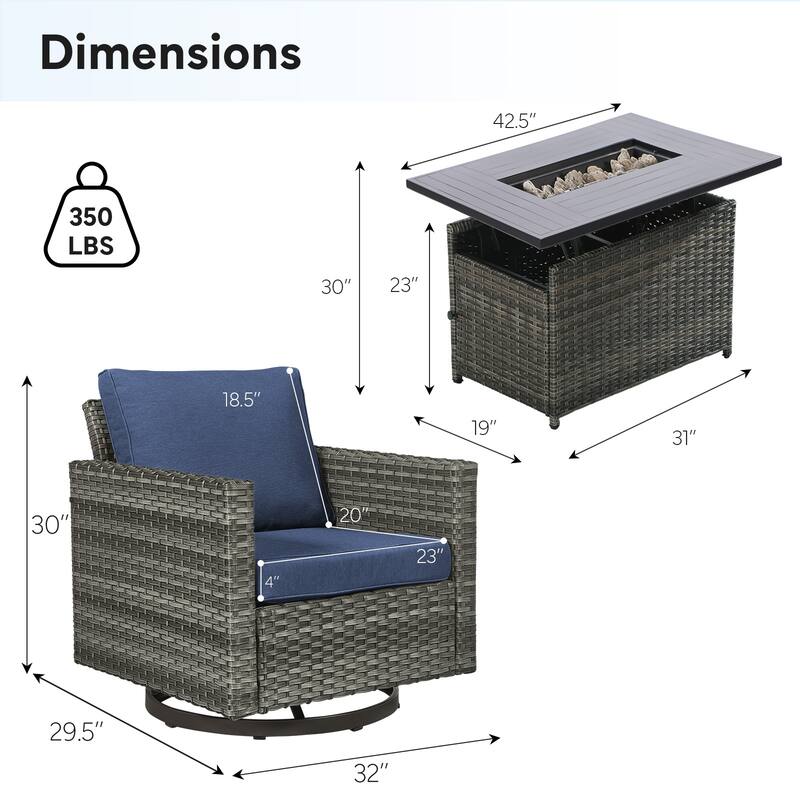 Outdoor Grey Wicker Fire Pit Table with 4 Swivel Chairs