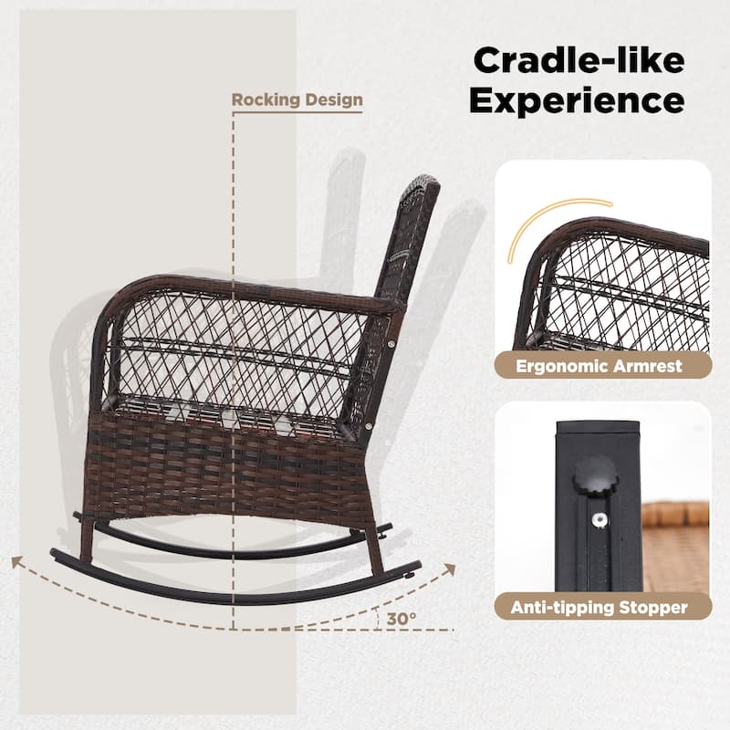 3-Piece Outdoor Rocking/Swivel Chair Set - PE Rattan Patio Furniture with Cushions & Coffee Table, Rocker Chairs for Backyard