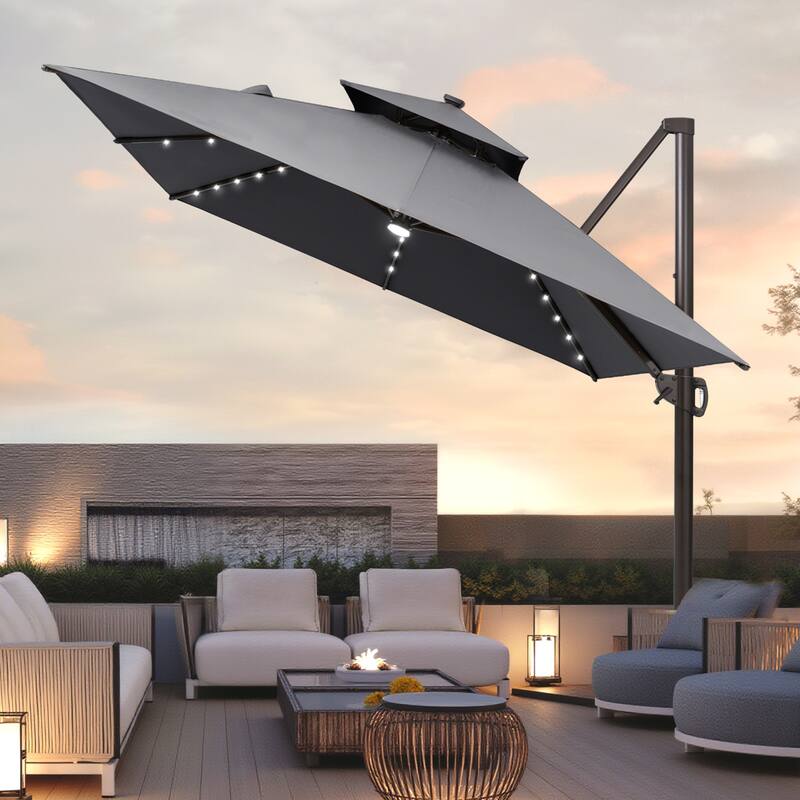 Solar LED Light 9 x 11FT Rectangular Outdoor Cantilever Patio Daul Top Umbrella without Base