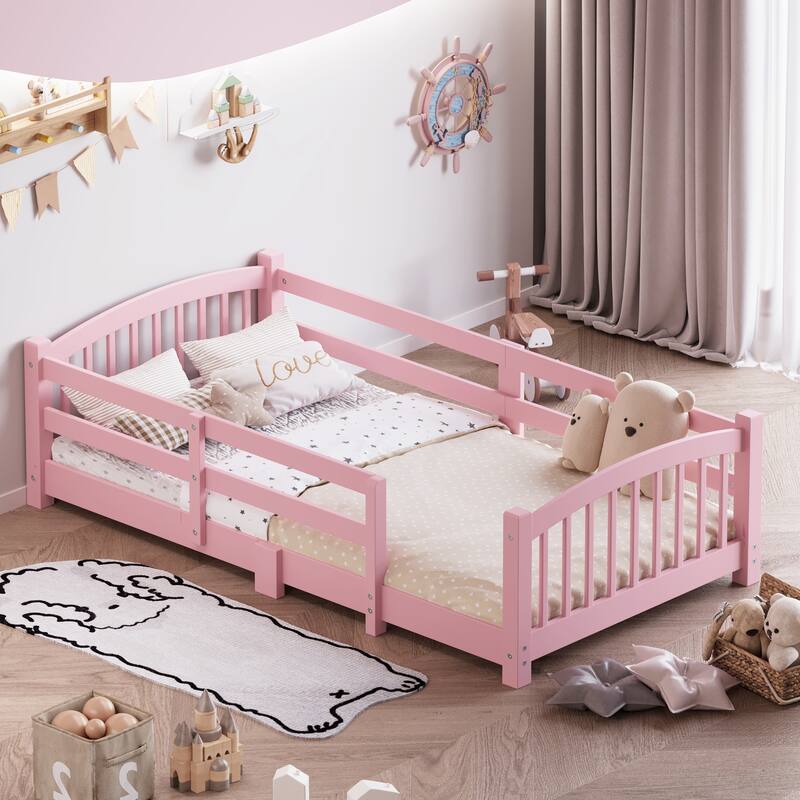 Roomfitters Montessori Floor Bed with Guardrails, Solid Wood Low Platform Bed with Slats, Easy Assembly