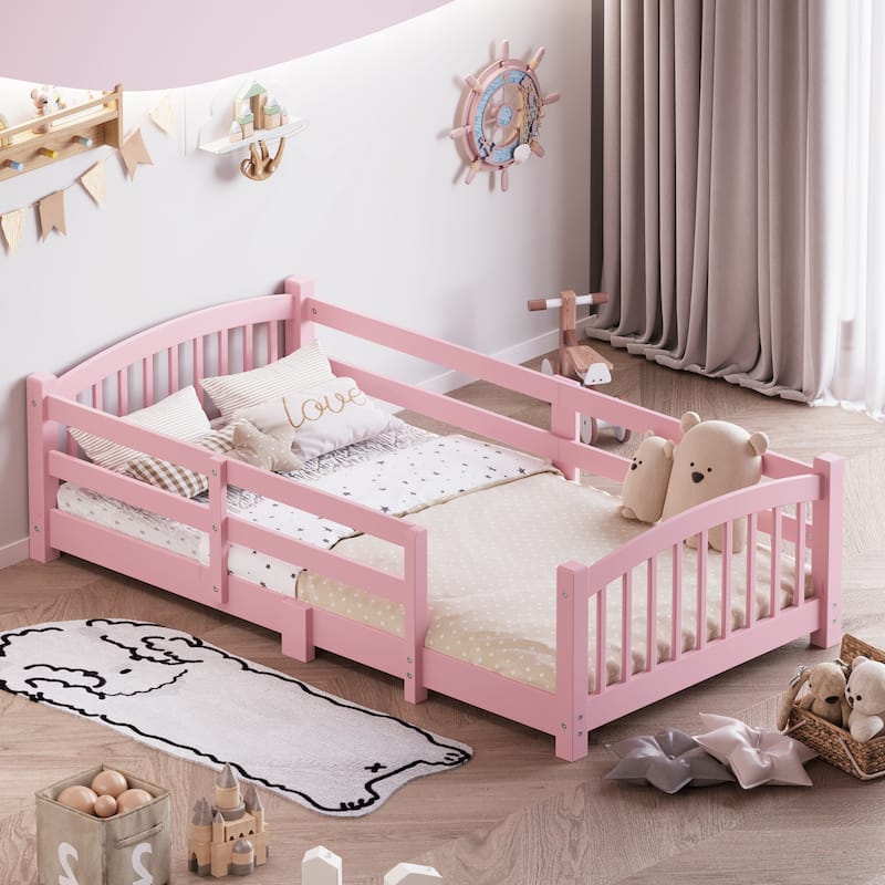 Solid Wood Floor Bed Montessori Bed with Safety Guardrails Without Door - Pink - Twin
