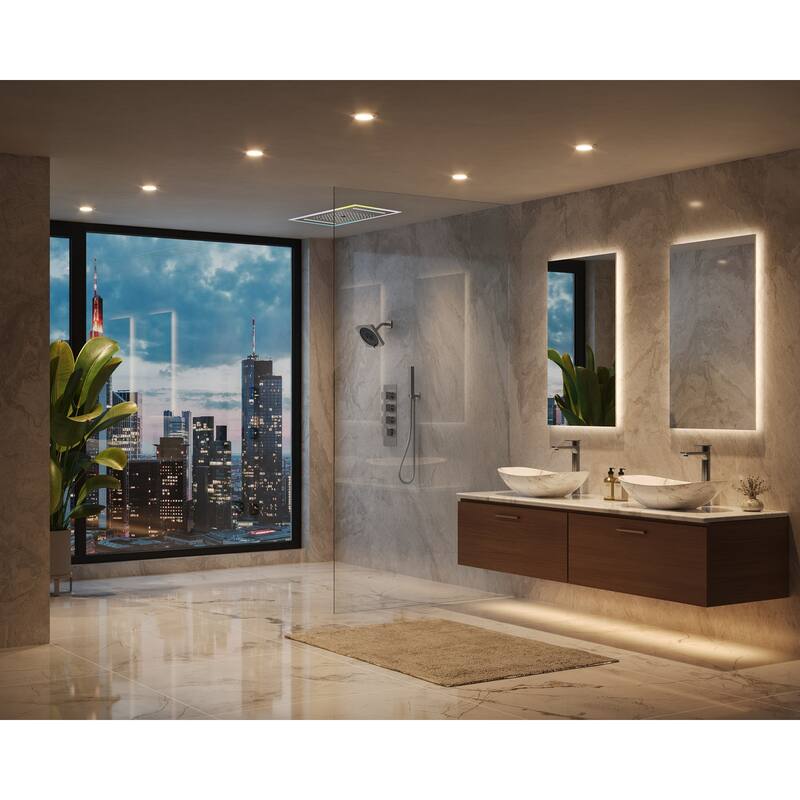 GRANDJOY Thermostatic LED Rain and Waterfall Shower System with Handheld, Ceiling-Mount Modern Design