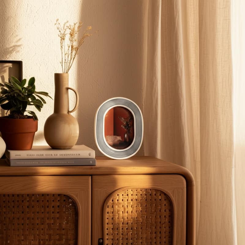 Resin Glass Oval Photo Frame Featuring Striped Detailing Casual Style