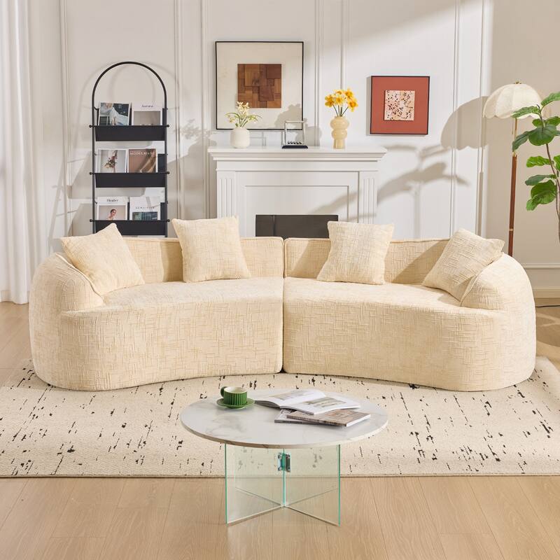 Curved Sectional Sofa with Pillows, Chenille Upholstered 4 Seater Sofa, Full-Compressed Deep Seat Sofa for Living Room