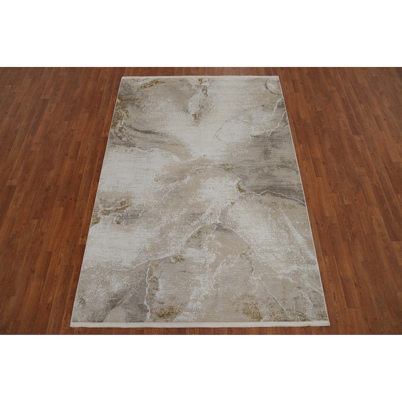 Machine Made Oriental Polyester Carpet Abstract Beige & Ivories Distressed Area Rug - 7' 5'' X 5' 2''