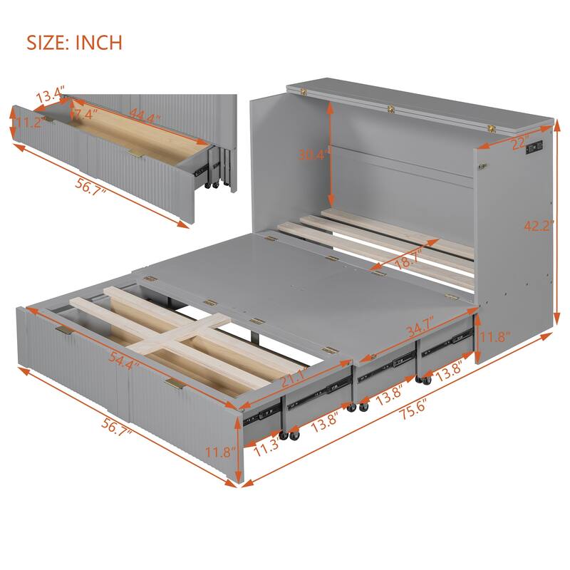 Full/Queen Size Murphy Bed Cabinet with Pulley Folding Design, USB Ports, Sockets and Large Storage Drawer