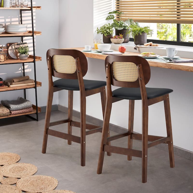 Wood Upholstered Counter Height Bar Stools with Rattan Back - 36.81"H x 17.72"W x 18.7"D