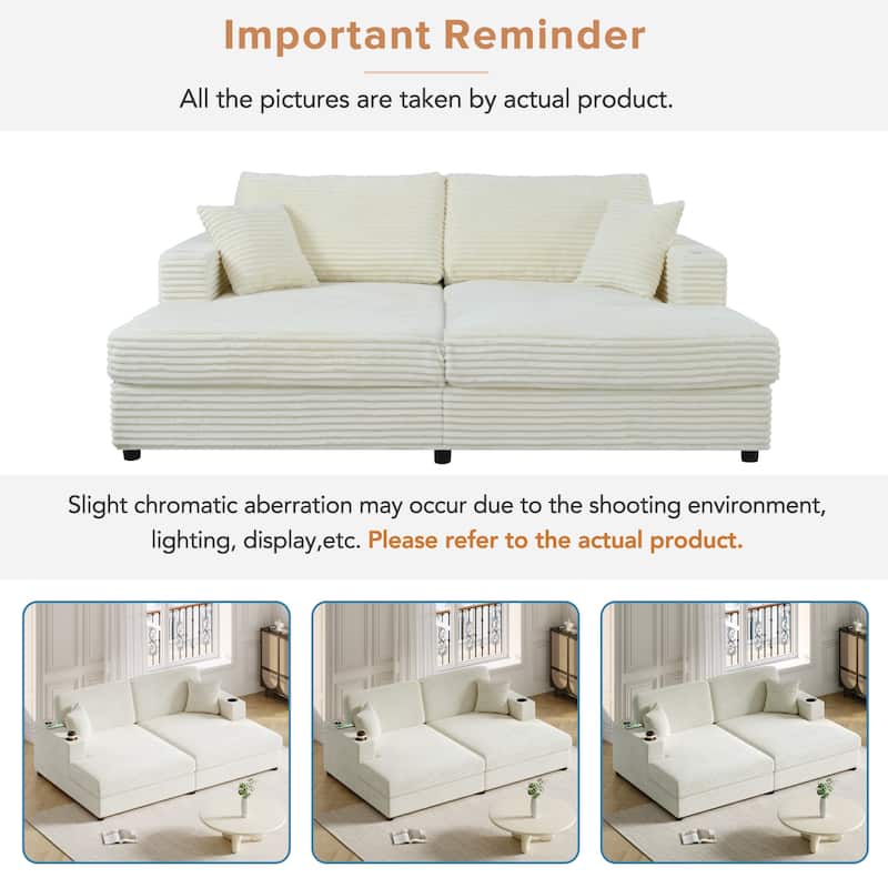 86.5" Oversized Corduroy Beige Sofa Bed with USB Ports, Cup Holders and Throw Pillows