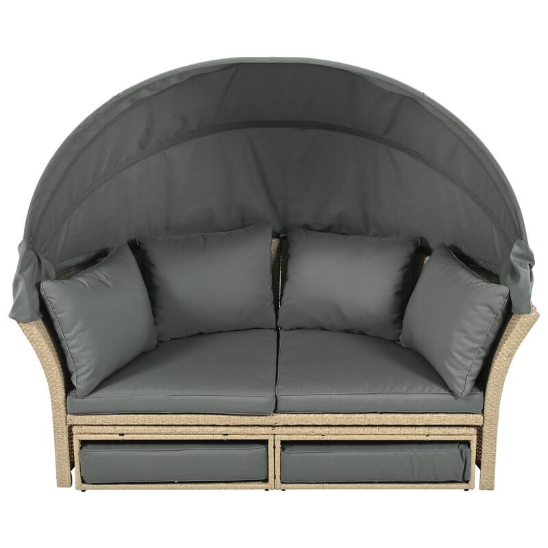 Outdoor 57" PE Rattan Round Daybed Sunbed with Canopy & 4 Pillows