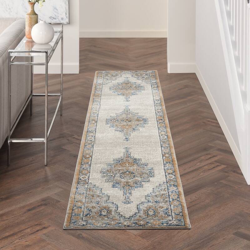 Nourison Concerto Traditional Persian Center Medallion Area Rug - 2'2" x 10' Runner - Grey/Light Blue - Rectangle