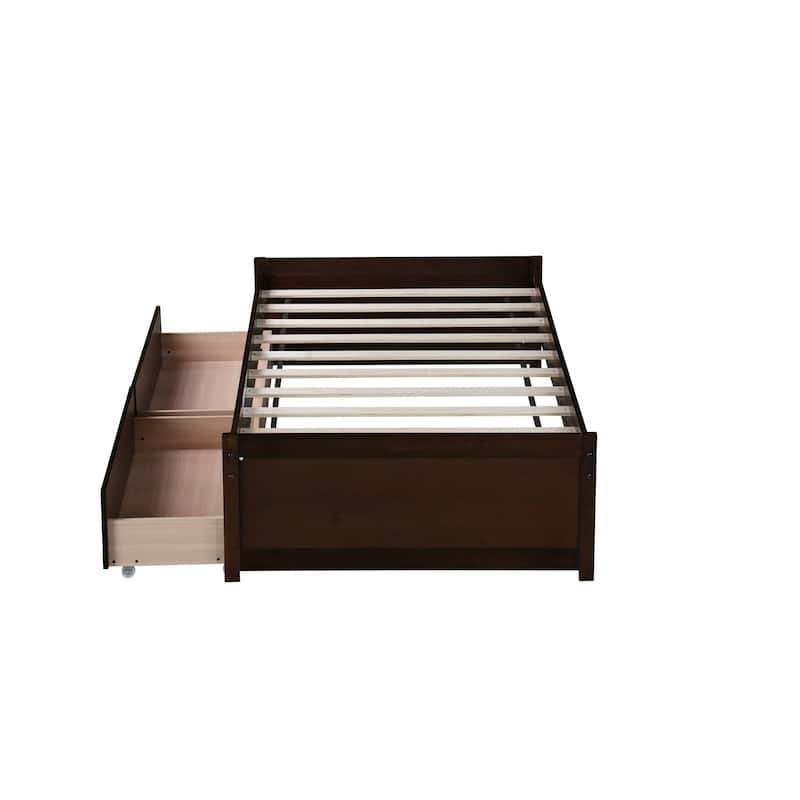 Roomfitters Twin Rubber Wood Bed Frame with Two Pull-Out Storage Units, Low Profile Platform Design