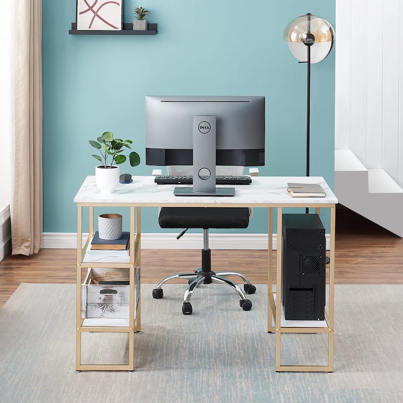 MCombo Computer Gaming Desk Office Desk with 3-Tier Shelves, Marble Finish