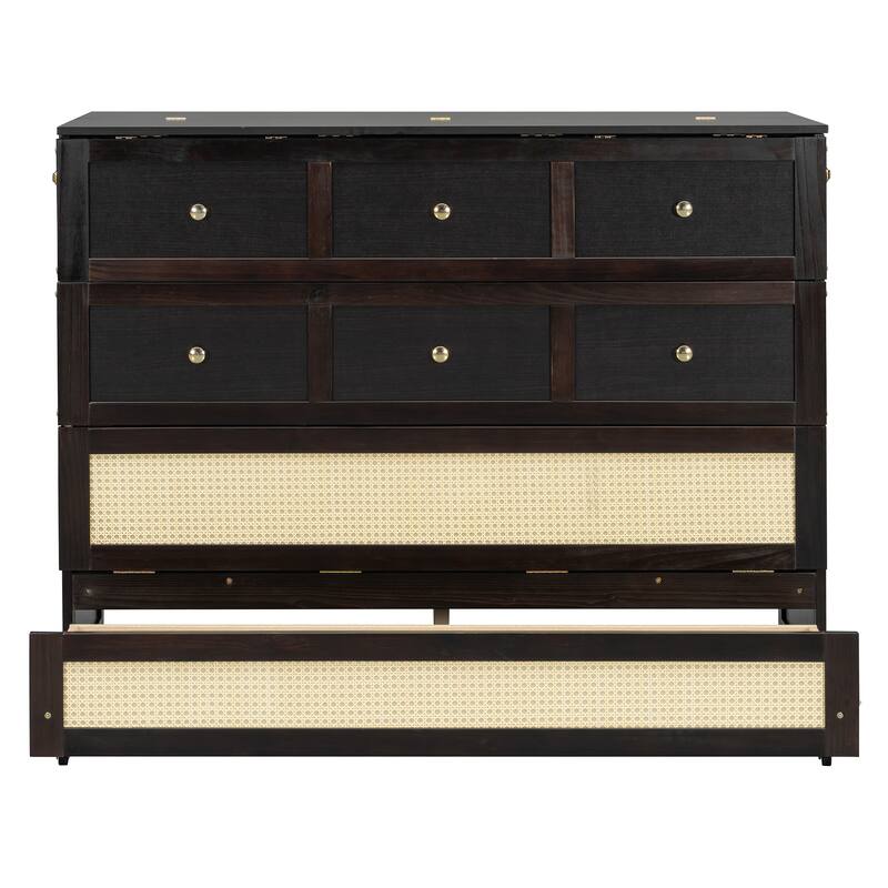 Rattan Weaving Accents Murphy Bed Full Size Foldable Wall Cabinet Bed with Underbed Storage Drawers and Golden Handles