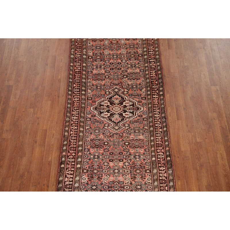 Hand Knotted Oriental 100% Wool Carpet Traditional Medallion Pink Hamedan Runner Rug - 9' 11'' X 3' 6''
