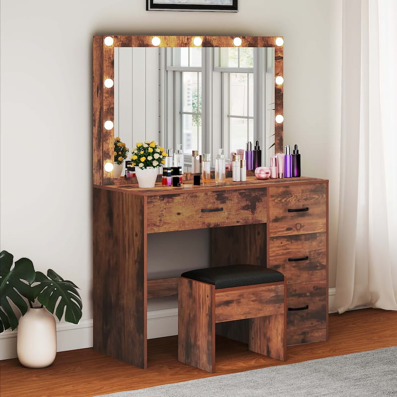 35.4" Mirror Makeup Vanity Table with Stool and Light Bulb - 35.4''L x 15.7''W x 53.5''H