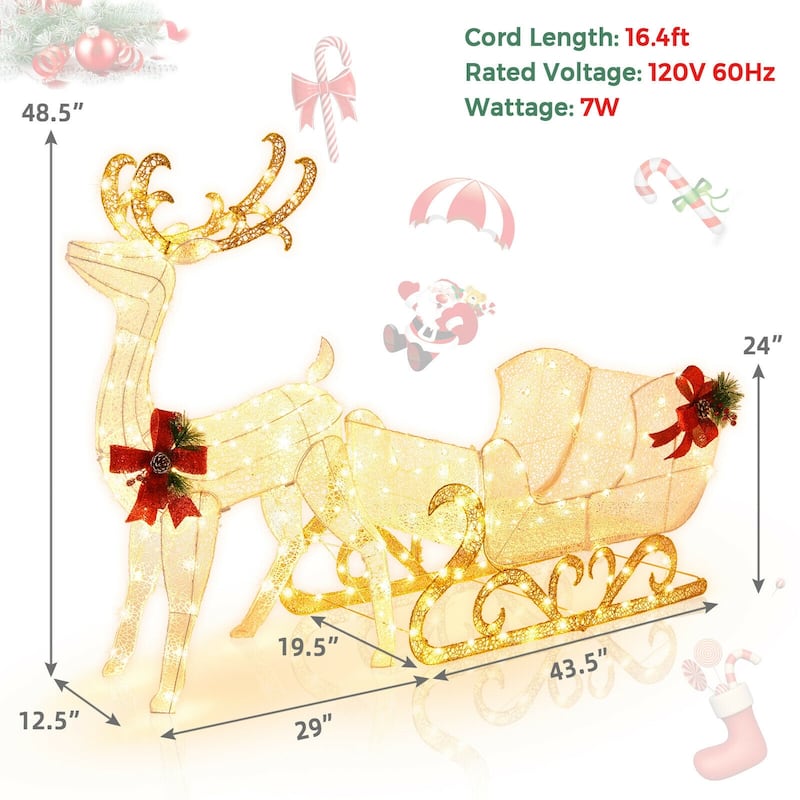 Lighted Reindeer and Sleigh Christmas Yard Decoration with 215 LED Lights for Outdoor Display