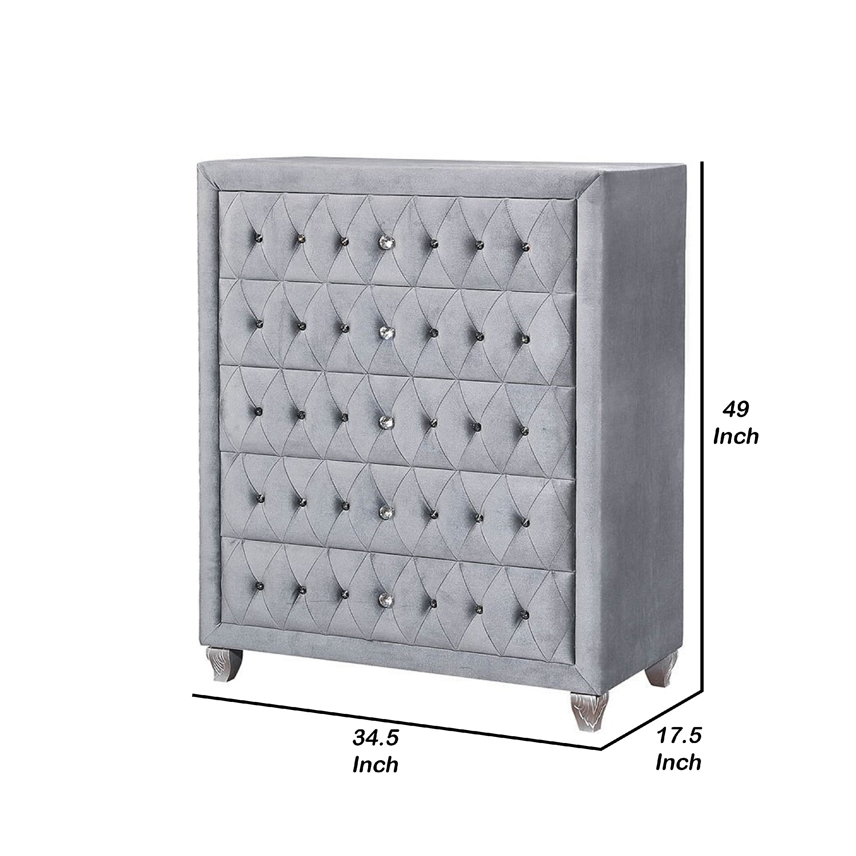 grey velvet dresser Rea Tall Dresser Chest, 5 Drawers With Crystal Knobs, Gray Velvet Upholstery