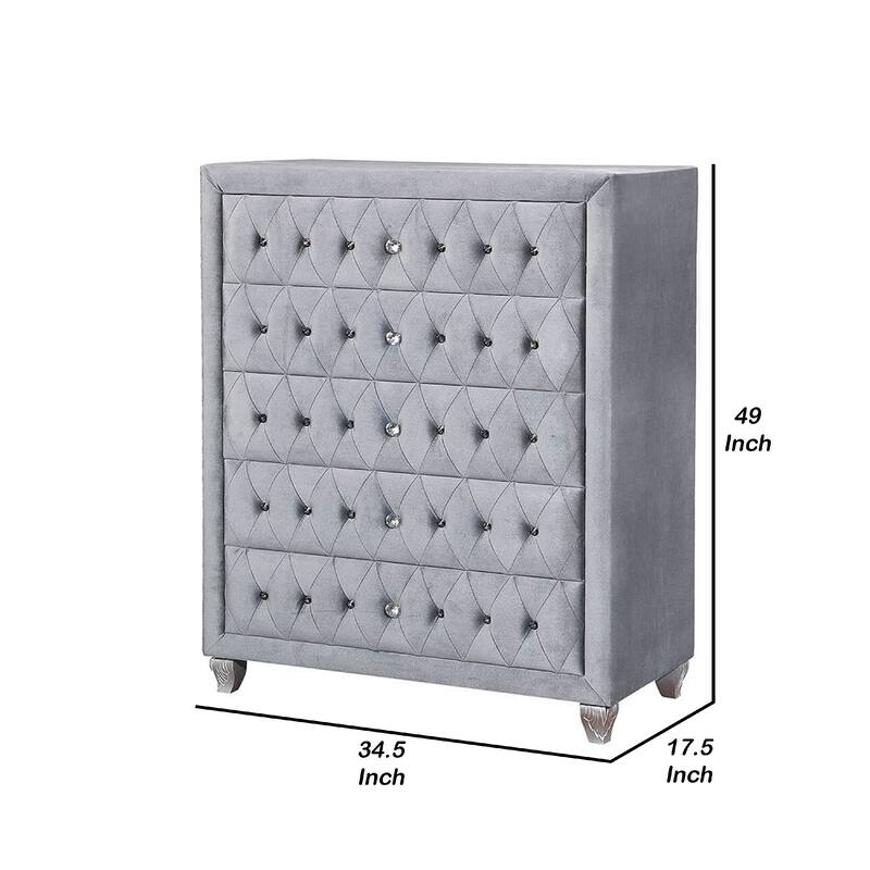 Rea Tall Dresser Chest, 5 Drawers with Crystal Knobs, Gray Velvet Upholstery