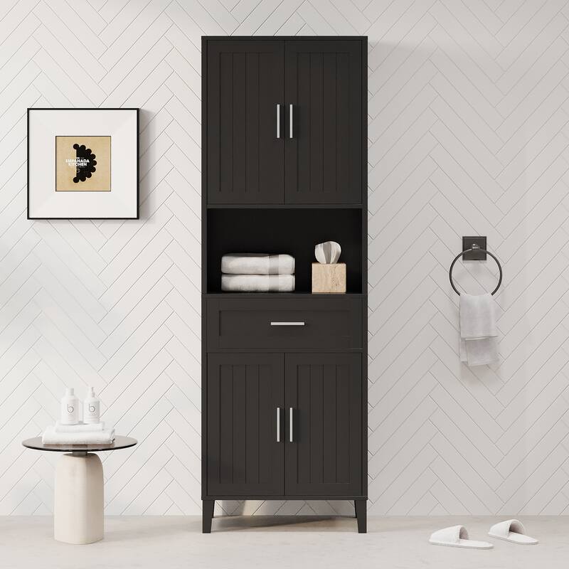 70.9" High Freestanding Tall Bathroom Cabinet with a Drawer, 2 Cabinets, 4 Soft-Close Doors, 2 Adjustable Shelves, Open Storage - Black