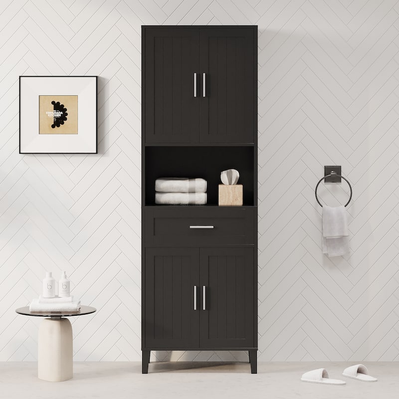70.9" Tall Bathroom Storage Cabinet with Drawer & 4 Soft-Close Doors - Organizer with 2 Adjustable Shelves & Open Storage - Black