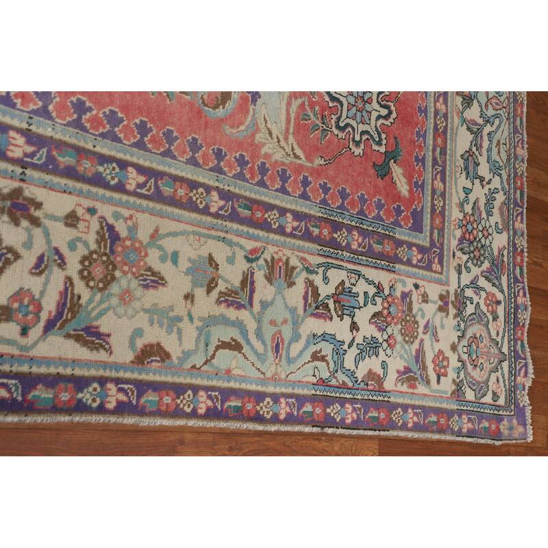 Distressed Tabriz Vintage Area Rug Handmade Wool Carpet - 9'8" x 12'8"