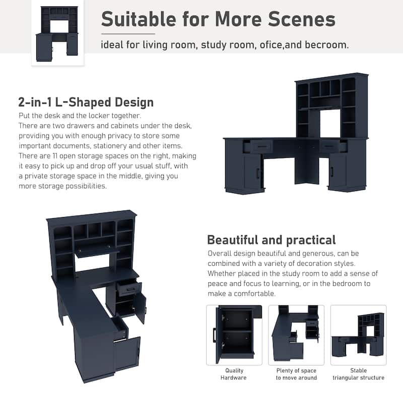 Large Bookcase Desk 2-in-1 Computer Desk L-shape Computer Armoire