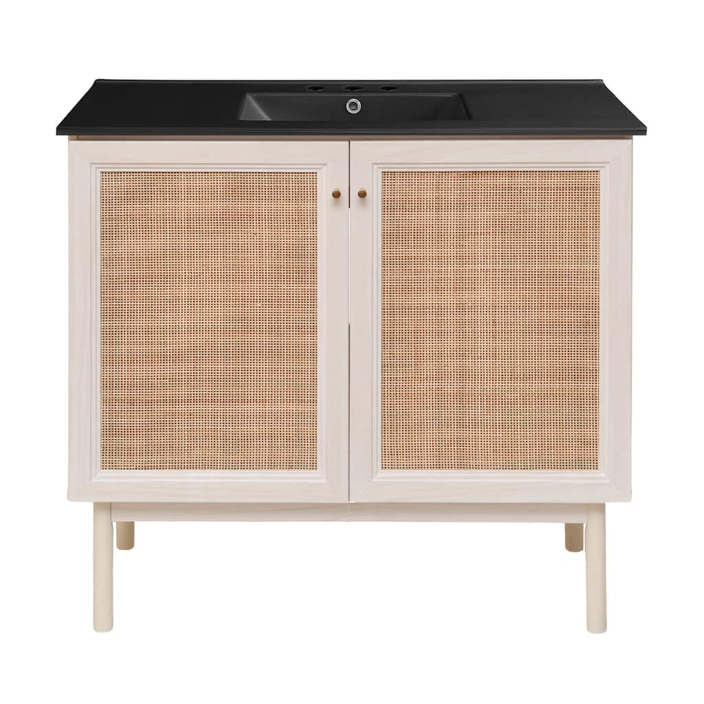 Classe 36 In. White Oak Bathroom Vanity With Black, 3-Hole Ceramic Sink Top