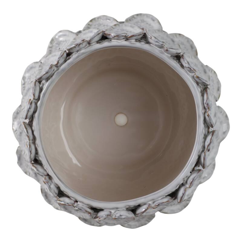 Stoneware Planter with Sculpted Leaf Accents and Textured Detailing