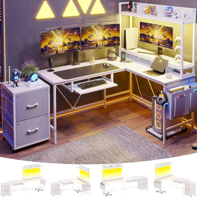 Reversible L Shaped Gaming Desk Power Outlet LED Light