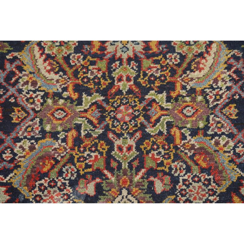 Hand Knotted Oriental 100% Wool Carpet Traditional Floral Navy Blue & Blues Malayer Runner Rug - 12' 8'' X 3' 3''
