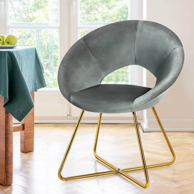 Modern Accent Velvet Dining Arm Chair with Golden Metal Legs and Soft Cushion - Grey