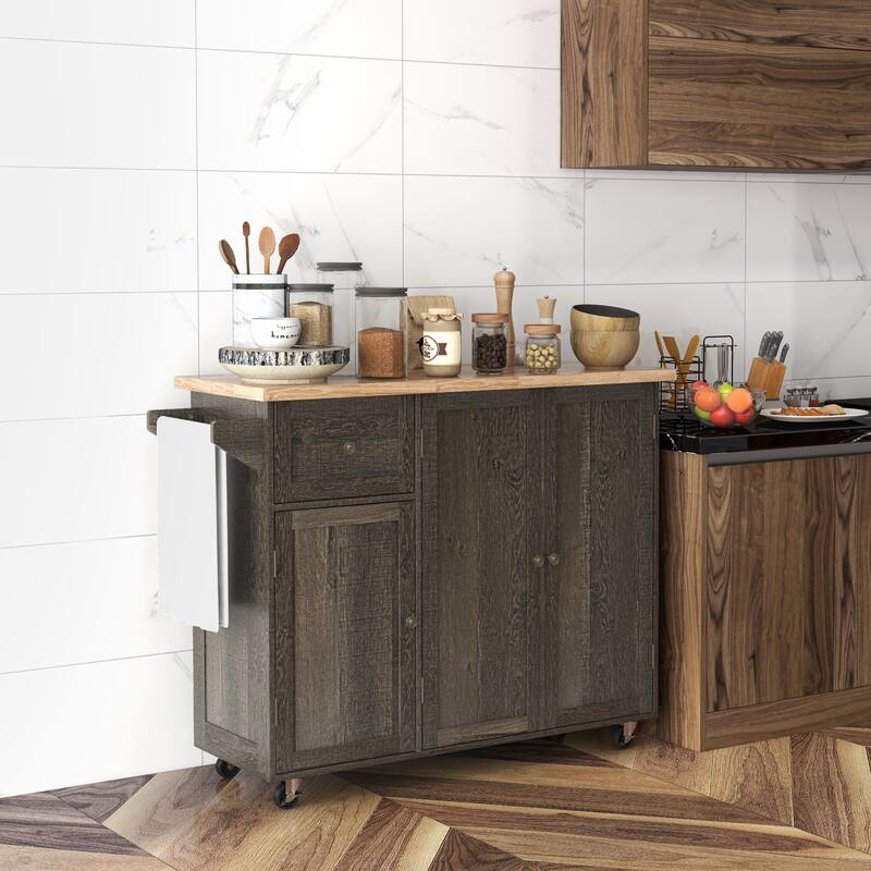 Triple-Cabinet Wood Rolling Kitchen Island on Wheels with Storage Shelf Adjustment, Towel Rack, Big Drawer