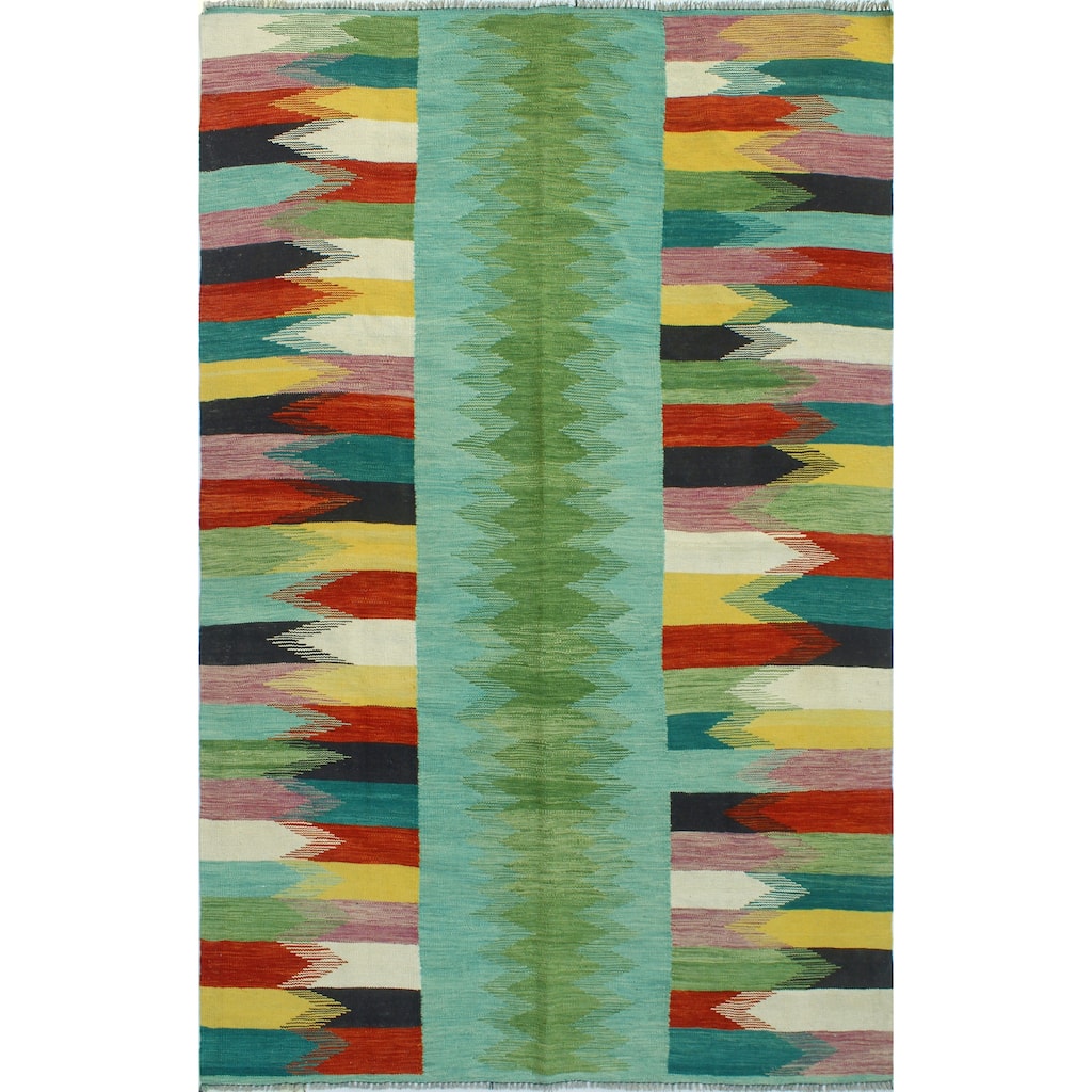 Modern Flatweave Fehime Green/Red Rug - 5'6" x 8'0"