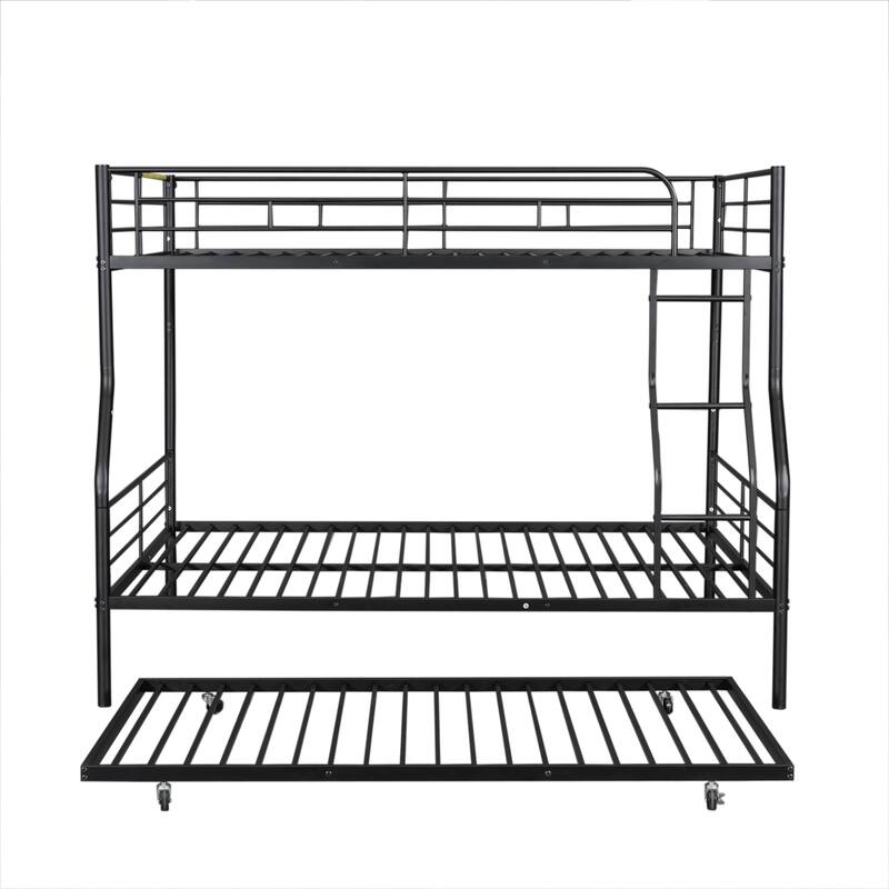 Metal Bunk Bed with Trundle and Guardrail, Convertible to Two Beds