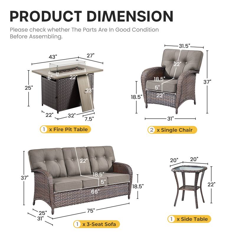 Gymojoy 5-Piece Outdoor Wicker Patio Furniture Sofa Set with 55,000 BTU Fire Pit Table, Thick Cushions