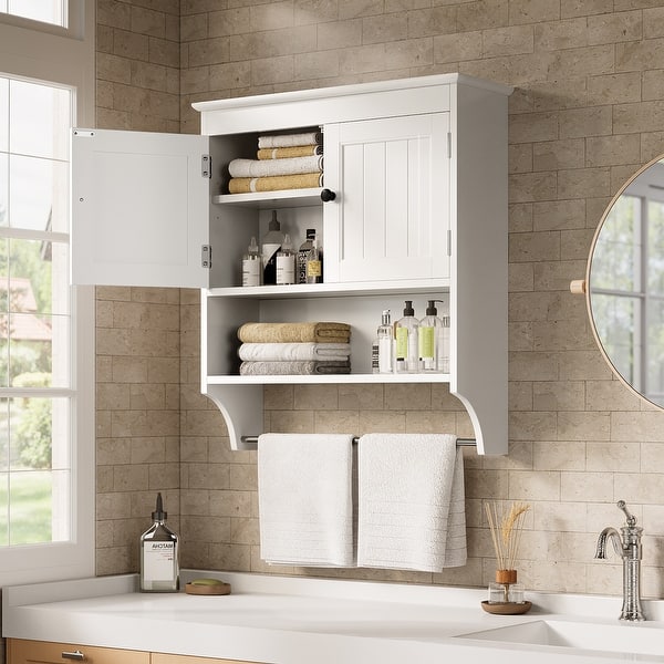 Bathroom Wall Cabinet with Towels Bar, Space Saver Over Toilet Storage Cabinet with 2 Door and Adjustable Shelves - White
