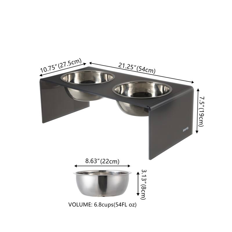 Keaton 7.5" Medium/Large Modern Lucite Rectangular Elevated Pet Feeder with 54oz 2-Stainless Steel Bowls