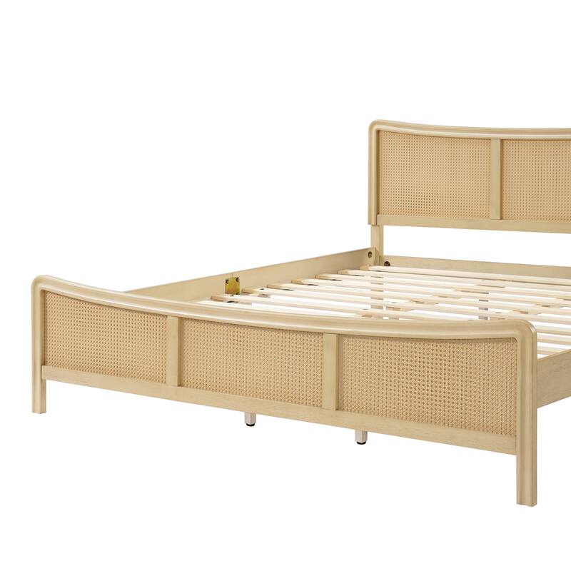 Christopher Knight Home- Celestine Curved Rubberwood Bed Frame with Rattan Headboard