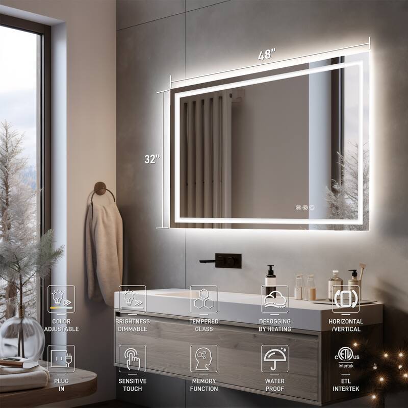 Durx-litecrete Rectangular Frameless Wall Mount 3 Colors Dimmable Anti-fog LED Bathroom Vanity Mirror