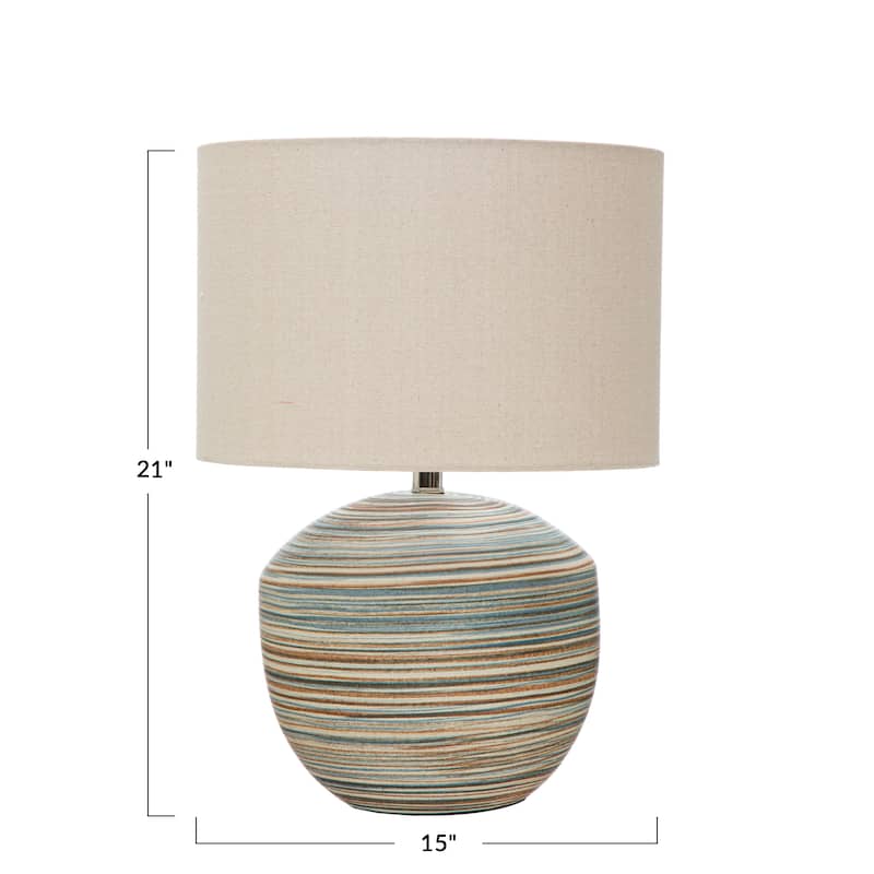 Stoneware Table Lamp with Stripes and Linen Shade - 15.0"L x 15.0"W x 20.0"H