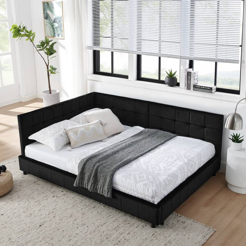 Full Size Daybed L-Shaped, Modern Velvet Upholstered Sofa Day Bed Frame with Wood Slats for Living Room Bedroom - Black