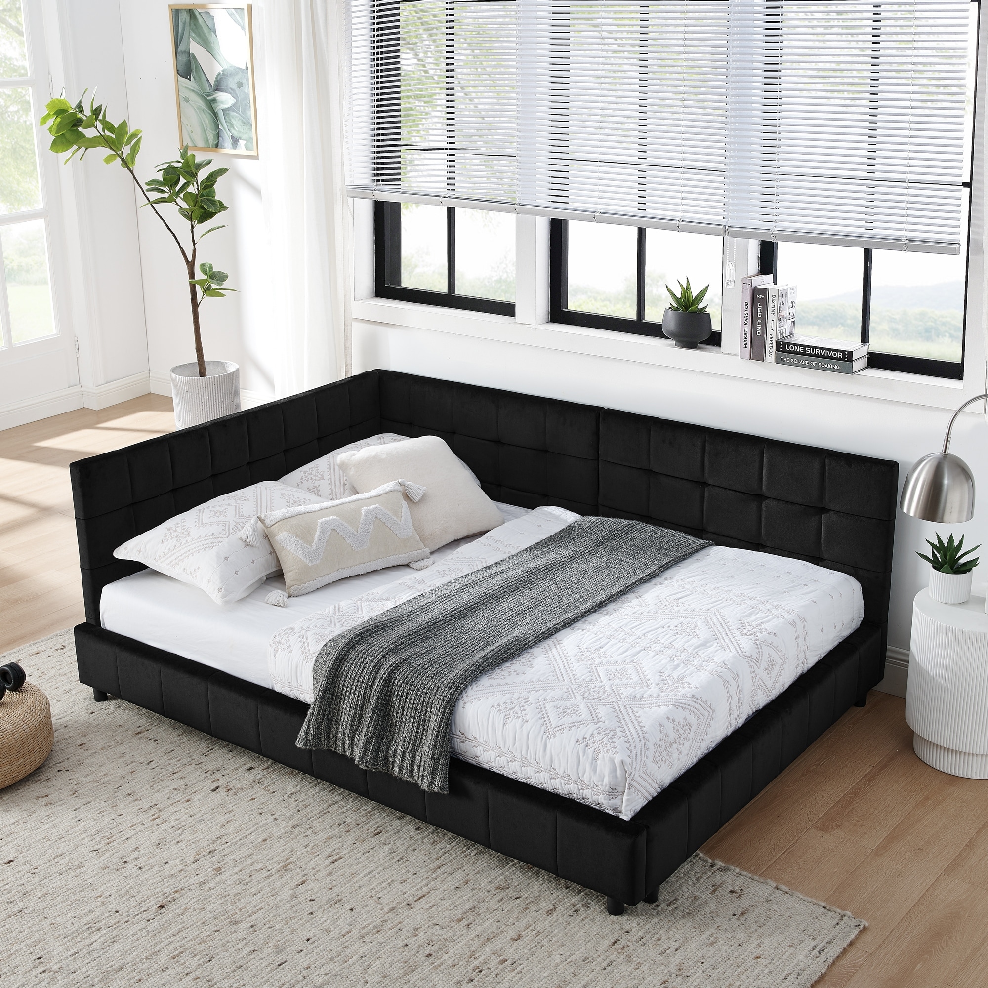 Roomfitters Full Upholstered Tufted Sofa Bed Frame with Backrest and Armrests, Velvet Platform Bed